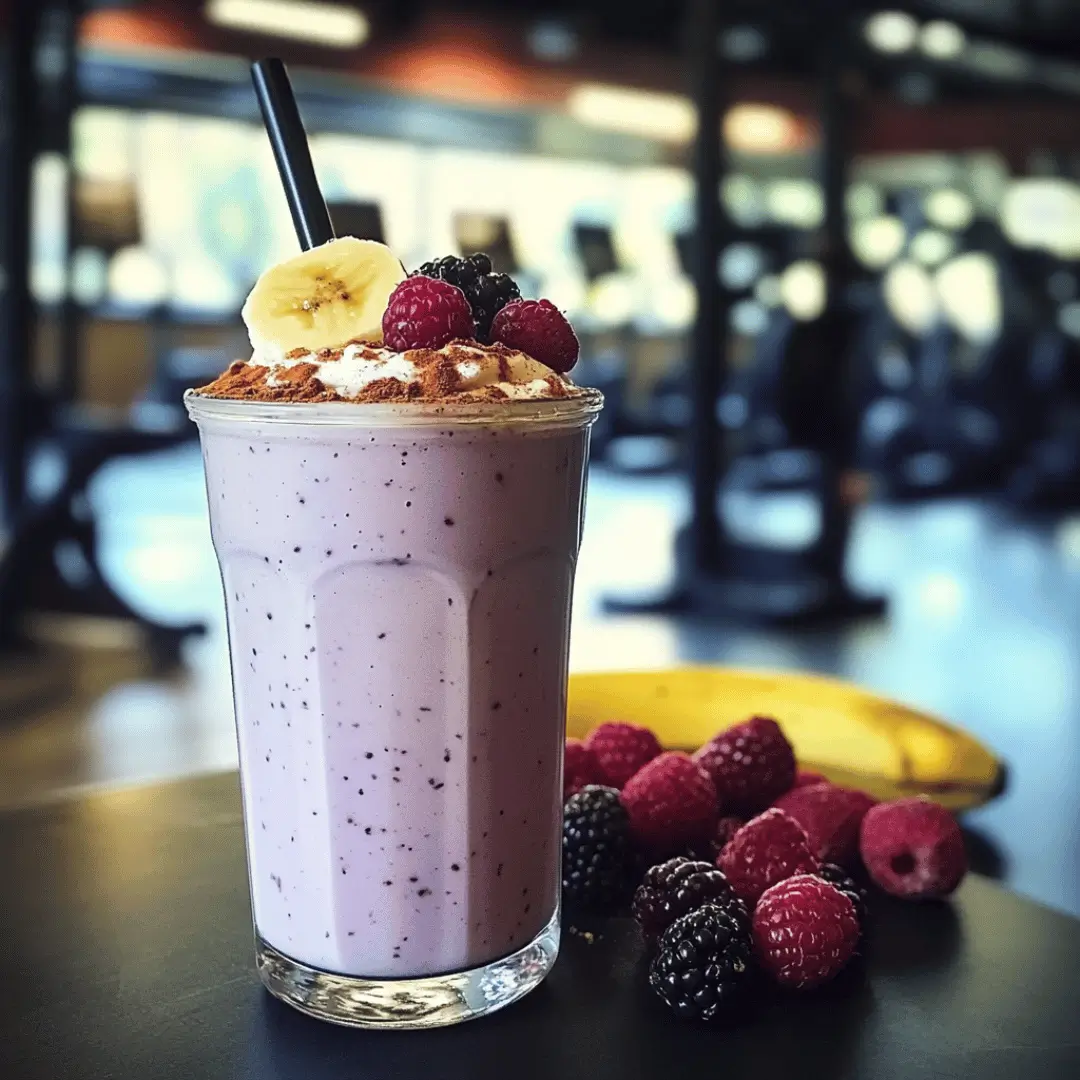 A tall glass of berry milkshake topped with banana slices, berries, and dusted with cinnamon, sitting on a black table in a gym setting.