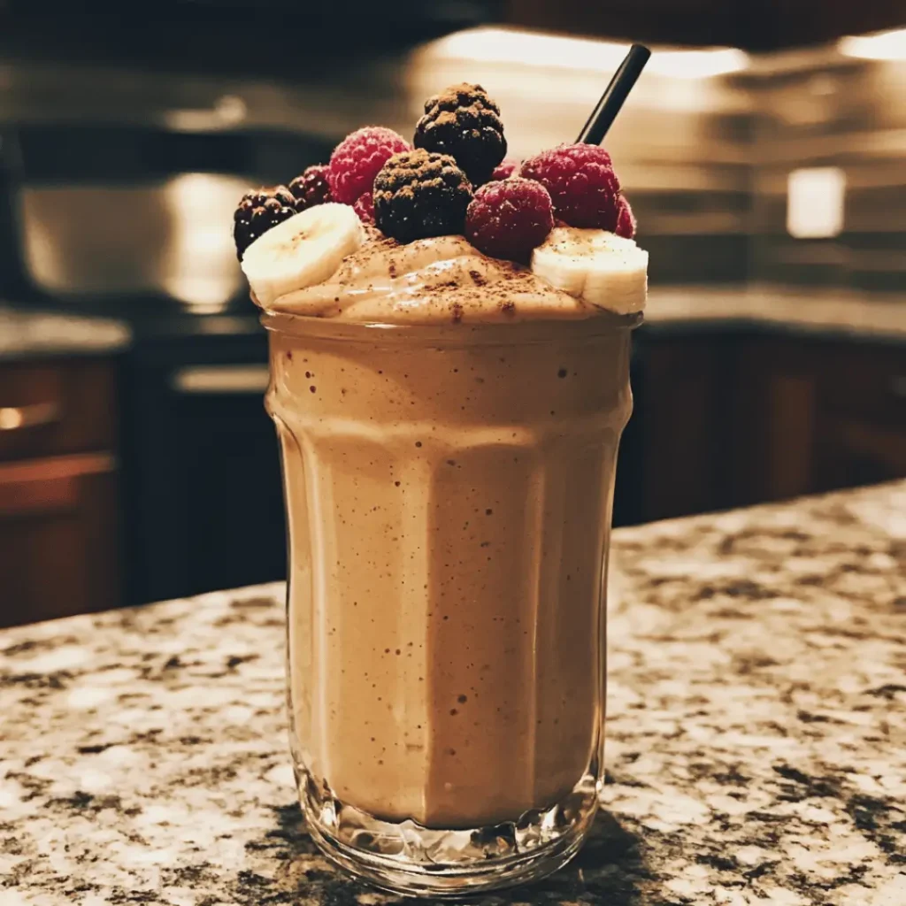 A creamy healthy milkshake topped with bananas and mixed berries, accentuated with cinnamon and served in a clear glass on a marble countertop.