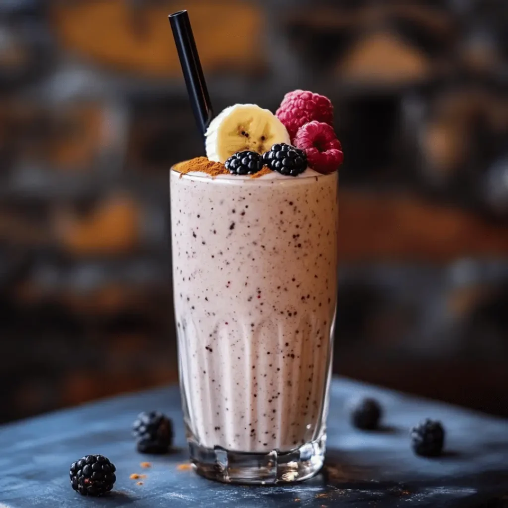 A glass healthy milkshake adorned with banana slices, blackberries, raspberries, and a cinnamon sprinkle, set against a rustic blurred background.
