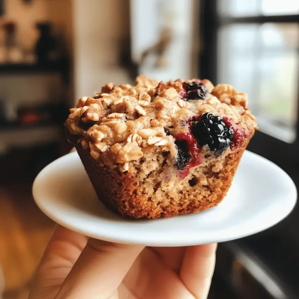 Single Healthy Power-Packed Morning Muffin topped with berries and oats on a small white plate held near a window.