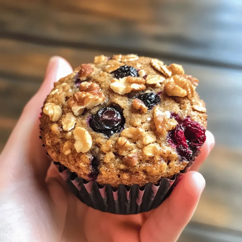 Healthy Power-Packed Morning Muffin nestled in a hand, topped with berries and walnuts against a wooden table backdrop.