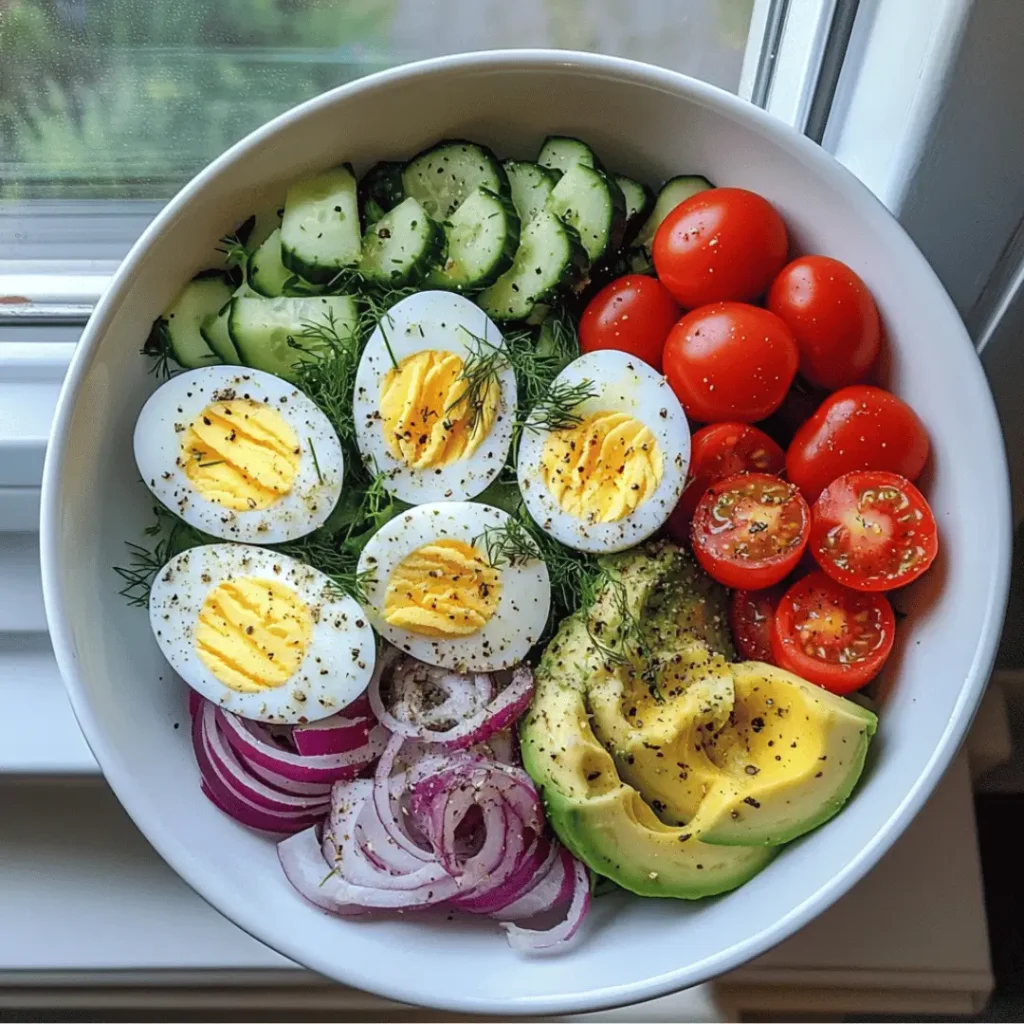 A vibrant salad bowl featuring sliced hard-boiled white eggs, creamy avocado, cherry tomatoes, cucumber slices, red onion, and fresh dill, all seasoned with black pepper.