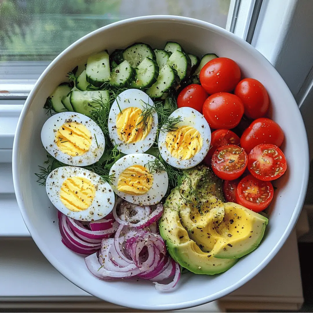 A vibrant salad bowl featuring sliced hard-boiled white eggs, creamy avocado, cherry tomatoes, cucumber slices, red onion, and fresh dill, all seasoned with black pepper.