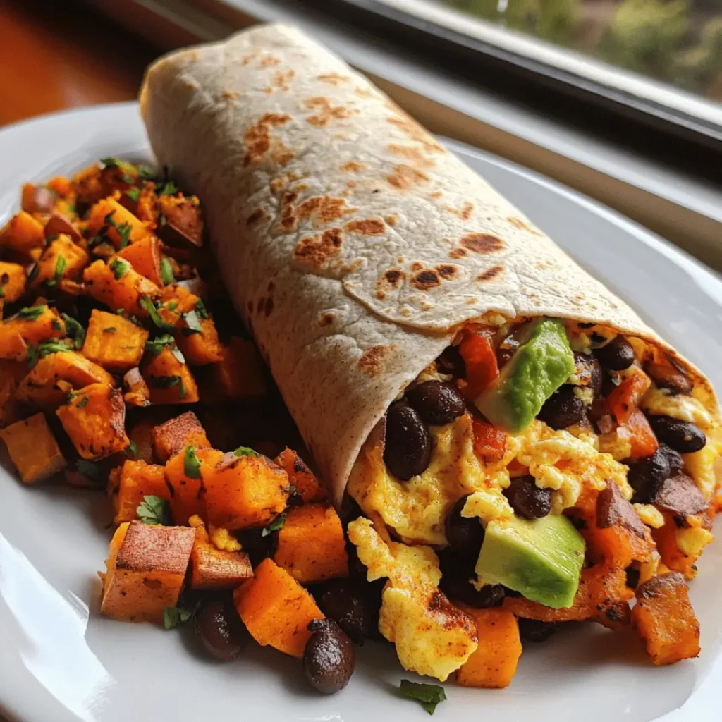 1000-calorie breakfasts :  sizzling breakfast burrito bursting with scrambled eggs, melted cheese, black beans, and avocado, paired with golden sweet potato hash, presented by a sunny window.