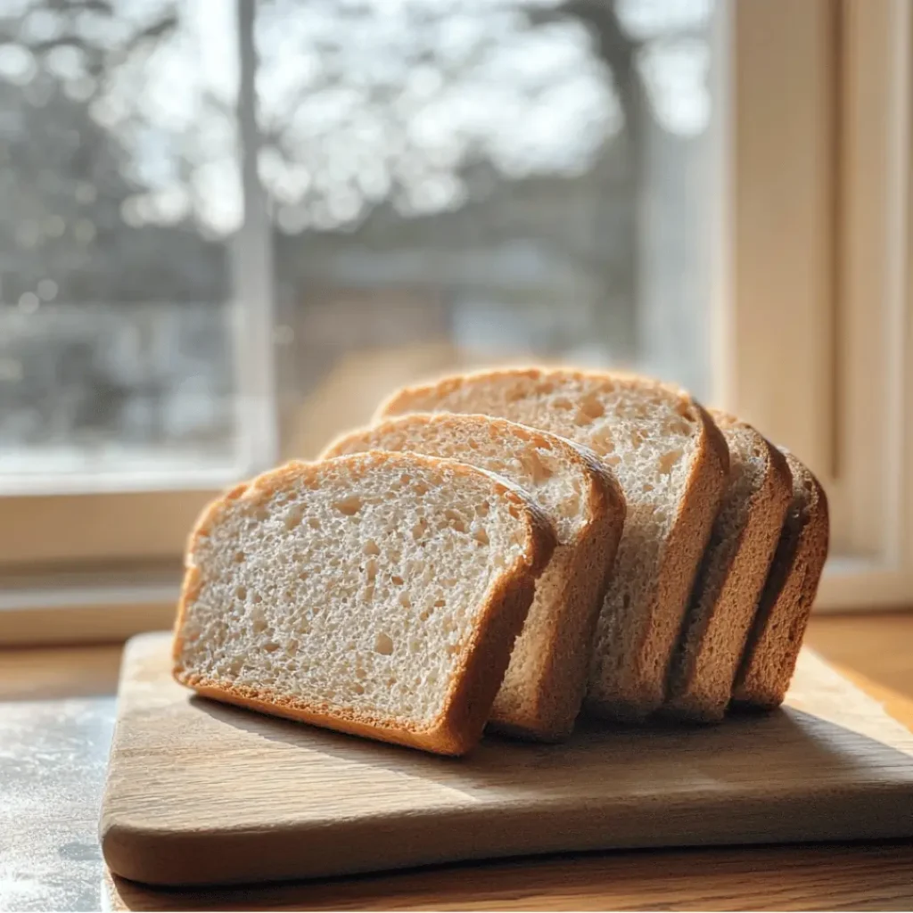 High protein bread slice with cream cheese, beside orange juice and kitchen ingredients