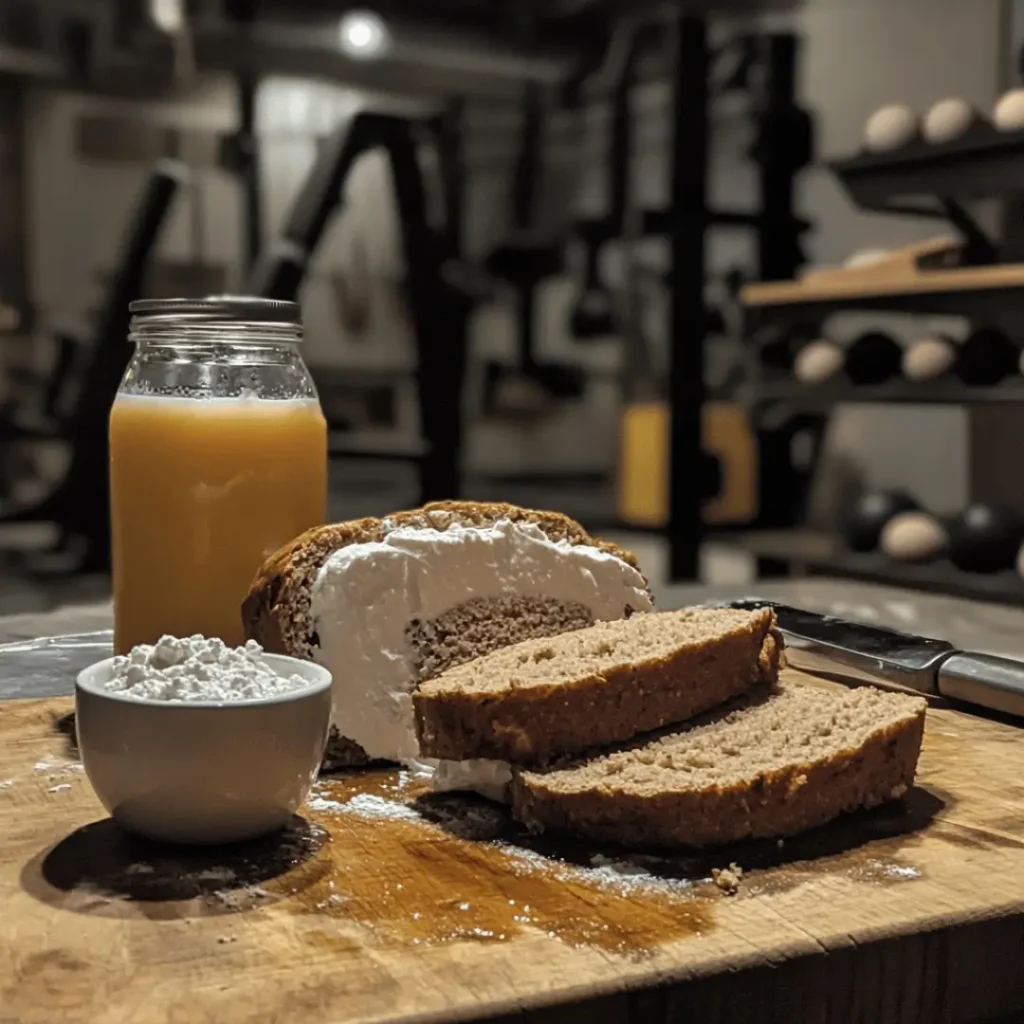 High protein bread ingredients including flour, eggs, and freshly baked bread slices on kitchen counter