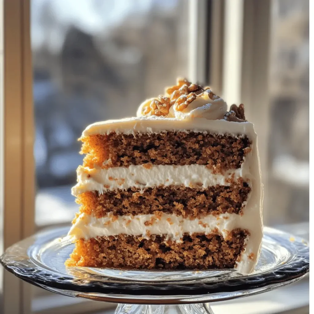 Slice of layered High Protein Carrot Cake with cream cheese frosting, adorned with walnuts on a glass stand.