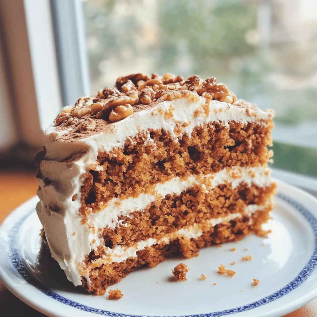 Overhead view of a High Protein Carrot Cake topped with cream and walnuts on a rustic wooden table.