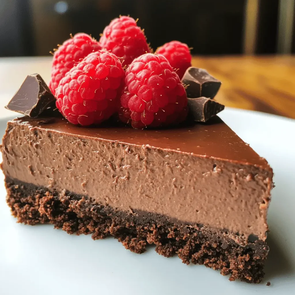 High Protein Cheesecake slice adorned with fresh raspberries and dark chocolate chunks on a white plate.