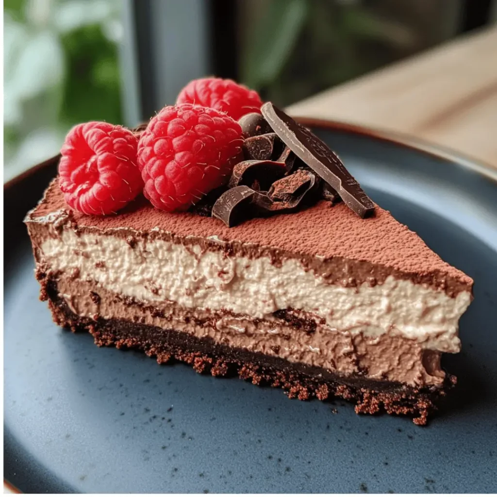 Layered High Protein Cheesecake with cocoa topping, fresh raspberries, and chocolate shards on a dark plate.