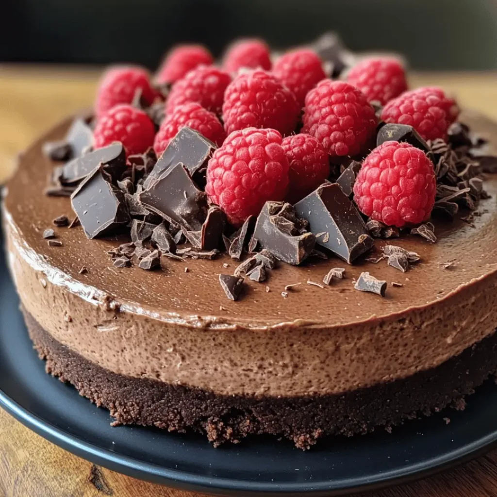 Whole High Protein Cheesecake with a chocolate crust, topped with fresh raspberries and chocolate chunks on a dark platter.