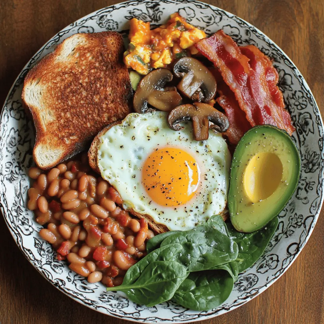 A vibrant High-Protein English Power Plate with eggs, turkey bacon, beans, mushrooms, spinach, toast, and avocado on a decorative plate.