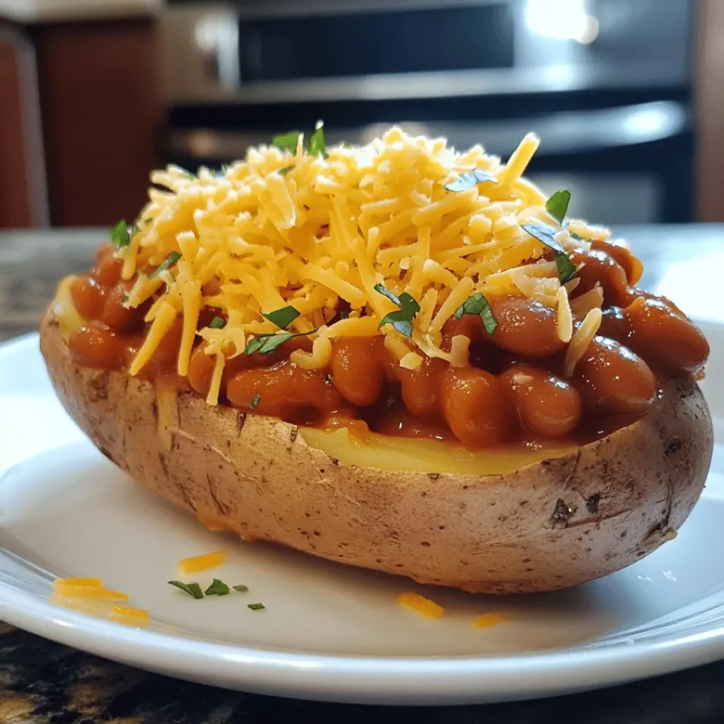 A delicious baked jacket potato on a kitchen counter topped with baked beans and a generous helping of shredded cheddar cheese, garnished with parsley.

