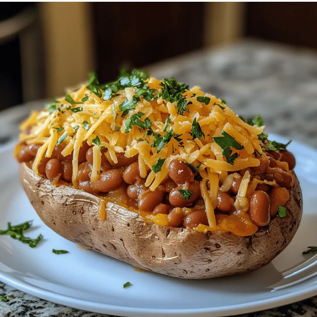 A perfectly baked potato served on a white plate, topped generously with baked beans and shredded cheddar cheese. The dish is garnished with sprinkles of fresh parsley.