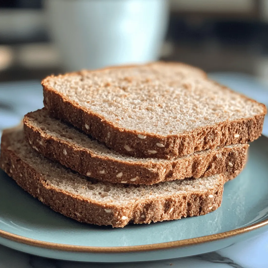 Three slices of High Protein Bread stacked on a blue plate with a blurred mug in the background