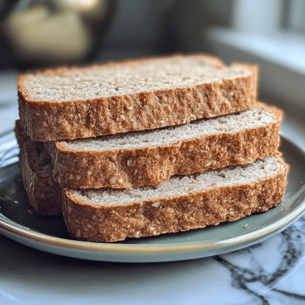 Stack of three High Protein Bread slices on a marble surface, highlighting the nutty crust.