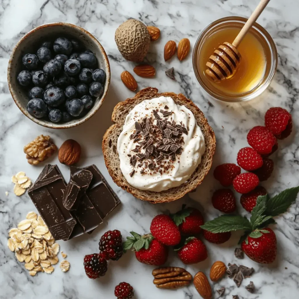 Overhead view of a marble countertop where a slice of whole-grain protein bread is spread with whipped protein yogurt and topped with chocolate shavings. Surrounding it are a small bowl of blueberries, a glass jar of honey with a wooden dipper, clusters of almonds and walnuts, oats, dark chocolate squares, and scattered strawberries, raspberries, and blackberries.