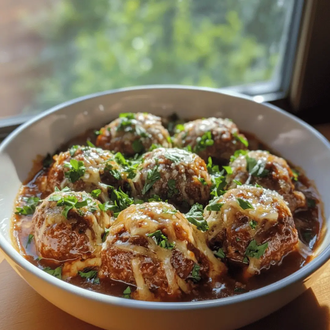 A white bowl filled with Keto Beef & Cheese Meatballs, covered in melted cheese and garnished with fresh parsley, set against a sunlit window backdrop.