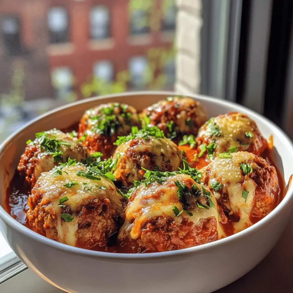 A round dish featuring Keto Beef & Cheese Meatballs, smothered in tomato sauce and topped with melted cheese and parsley, positioned against a cityscape view.