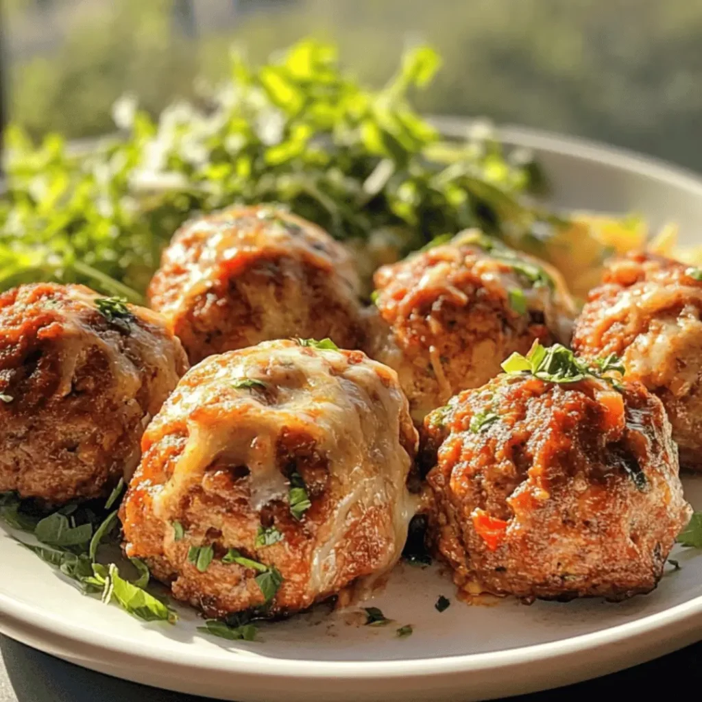 A plate of Keto Beef & Cheese Meatballs, topped with melted cheese and sprinkled with fresh parsley, accompanied by a side of greens in a sunlit setting.