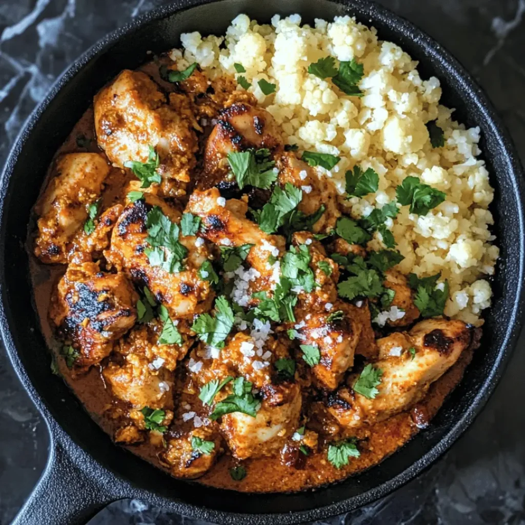 A bowl showcasing Keto Butter Chicken atop a bed of cauliflower rice, garnished with fresh cilantro. Sunlight streams through the window, enhancing the dish's golden appeal.