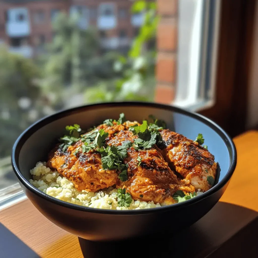 Keto Butter Chicken served in a white bowl over cauliflower rice, adorned with a creamy sauce and garnished with fresh herbs. The dish is set beside a window with a view.