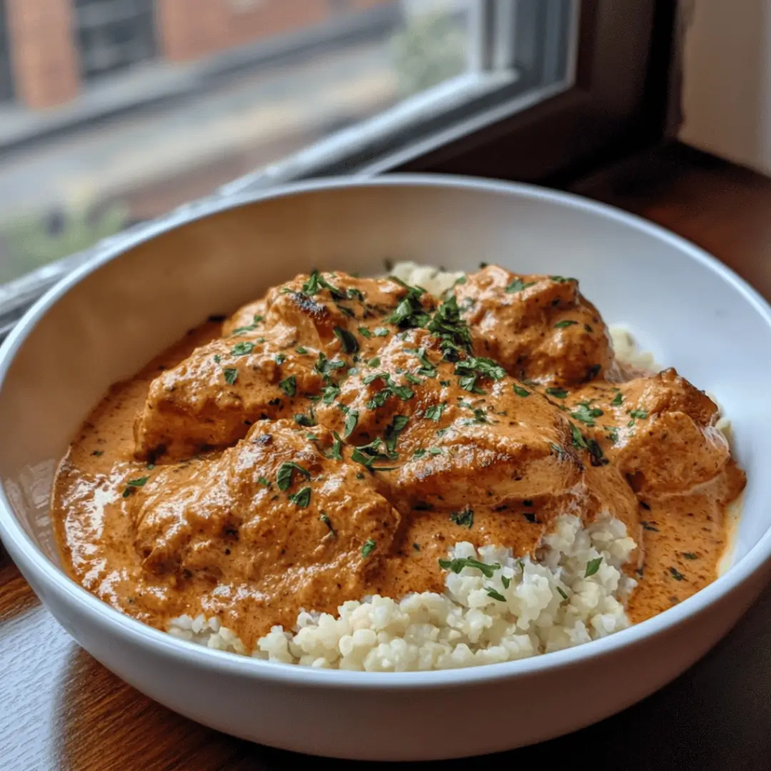 A skillet filled with Keto Butter Chicken served alongside fluffy cauliflower rice, garnished with vibrant cilantro. The chicken is coated in a creamy, spiced sauce.