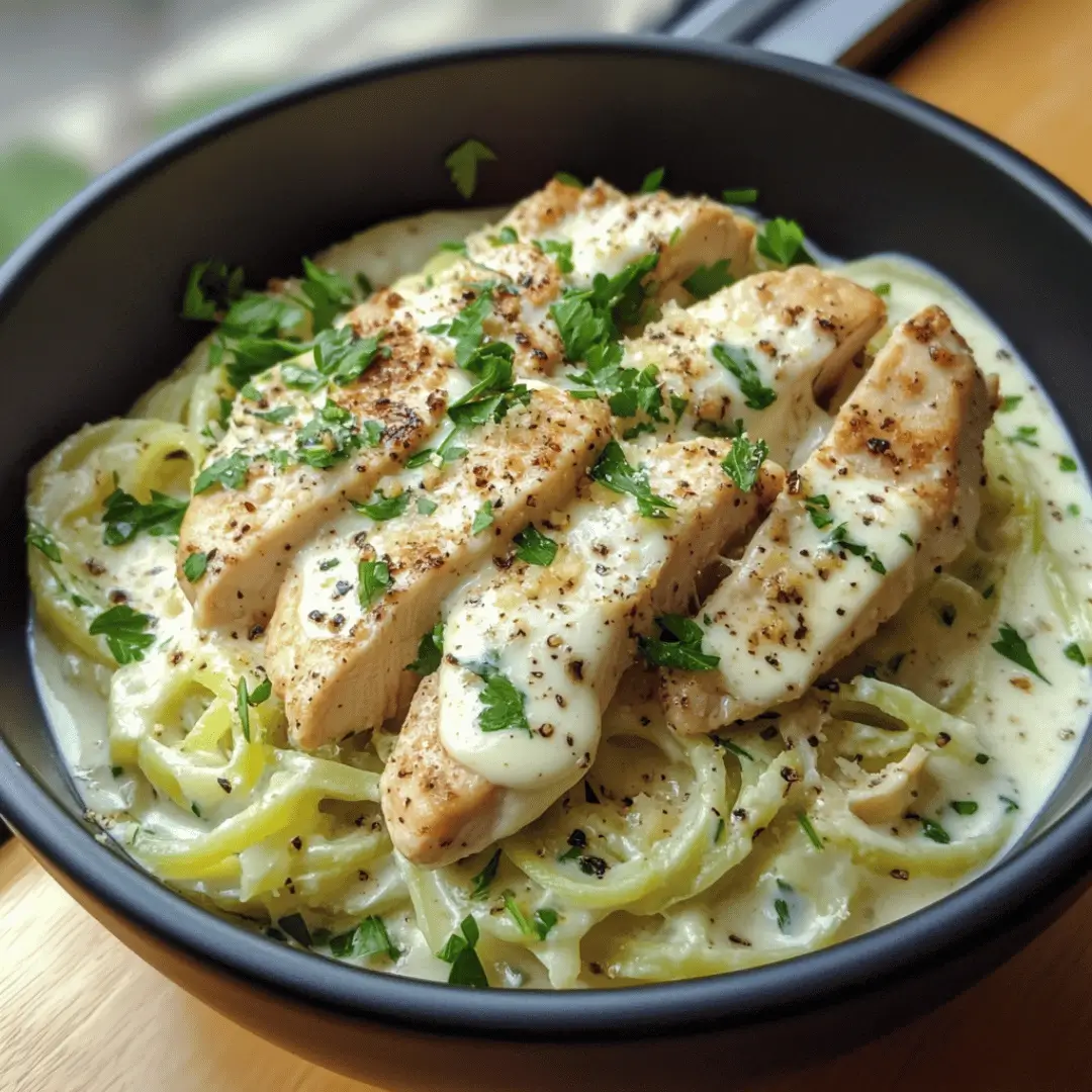 A bowl of Keto Chicken Alfredo with Courgetti, featuring sliced grilled chicken breast on top of creamy courgetti noodles. The dish is garnished with fresh parsley and a sprinkle of cracked pepper.