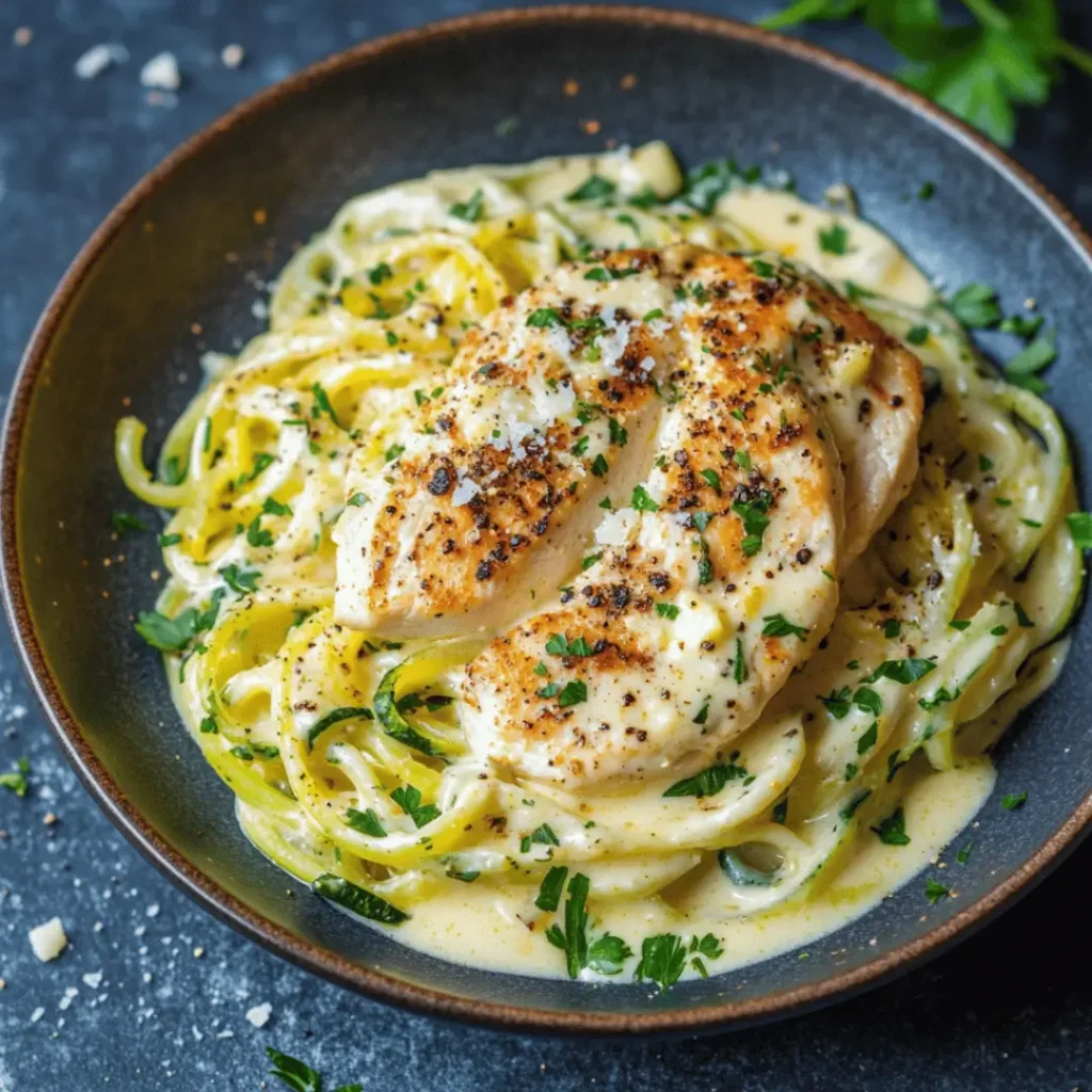A plate of Keto Chicken Alfredo with Courgetti prominently featuring grilled chicken and creamy courgetti noodles. The dish is garnished with parsley and grated cheese, set against a rustic dark plate.

