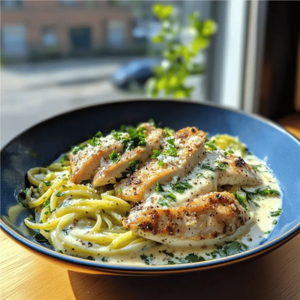 Keto Chicken Alfredo with Courgetti served in a blue bowl with sliced grilled chicken and creamy courgetti noodles. The dish is accented with parsley and a touch of cracked pepper.