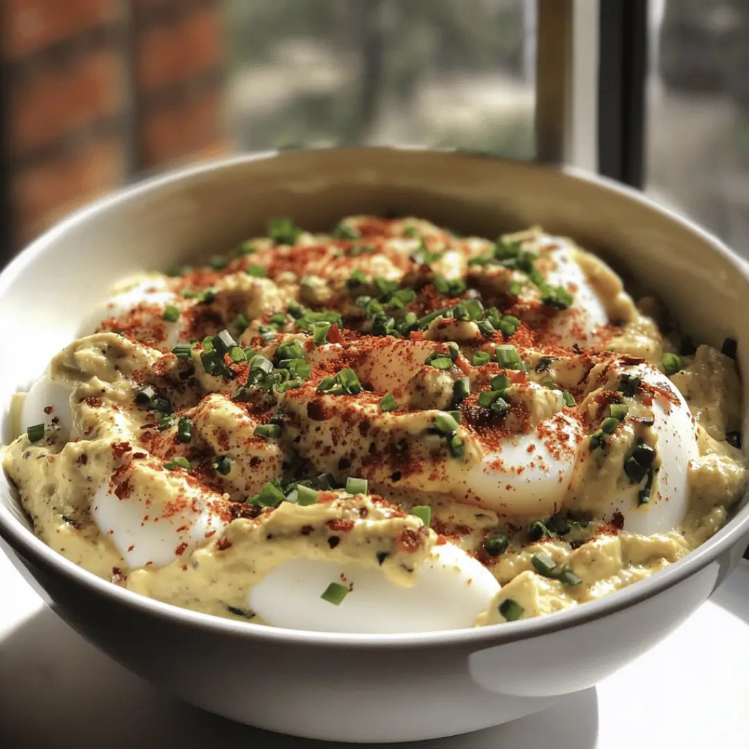 A bowl of keto deviled white eggs, halved and filled with creamy yolk mixture, generously sprinkled with paprika and chopped chives, served in a white bowl near a window.