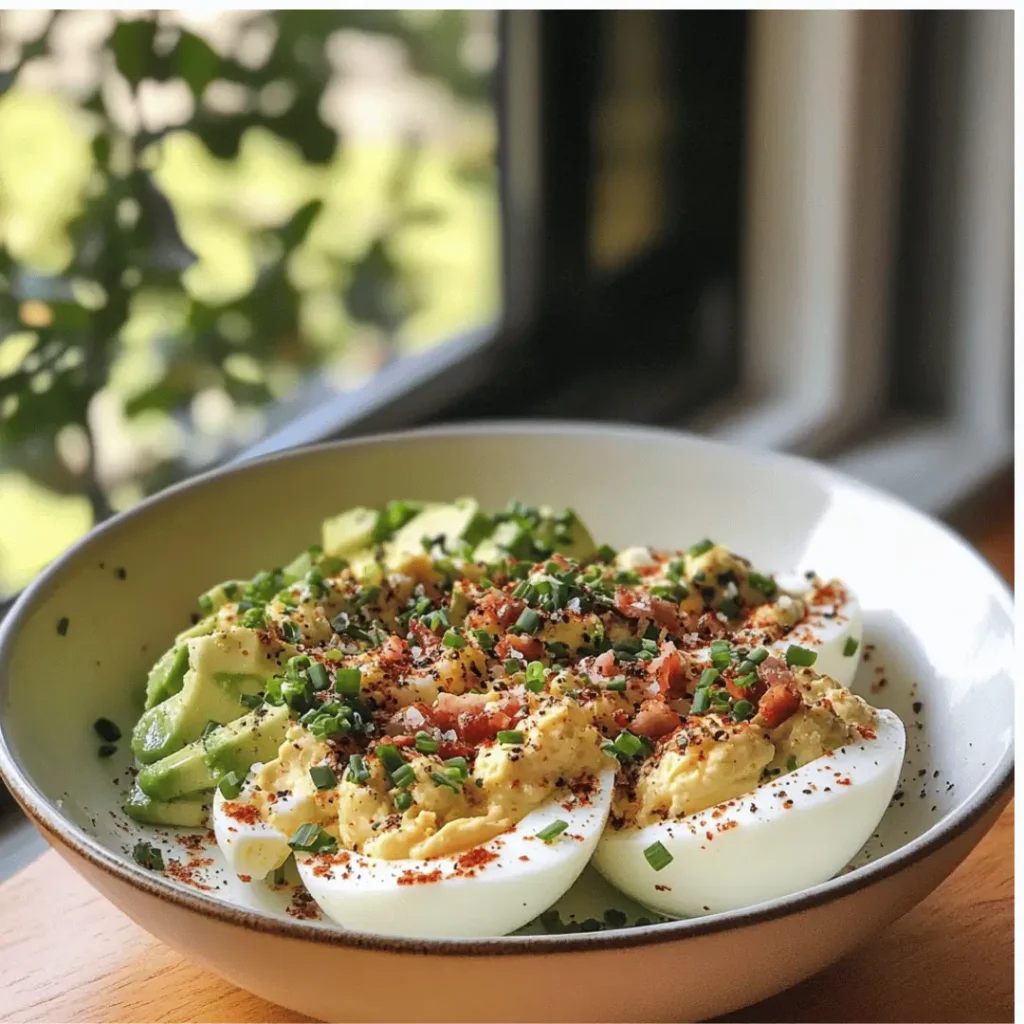 A bowl containing halved deviled white eggs topped with paprika, chives, and bacon bits, served alongside sliced avocado in a white bowl near a sunlit window.