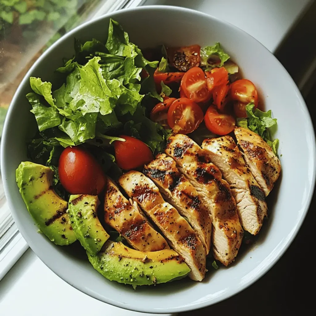 Close-up of sliced grilled chicken, diced avocado, and halved cherry tomatoes atop mixed greens in a black bowl