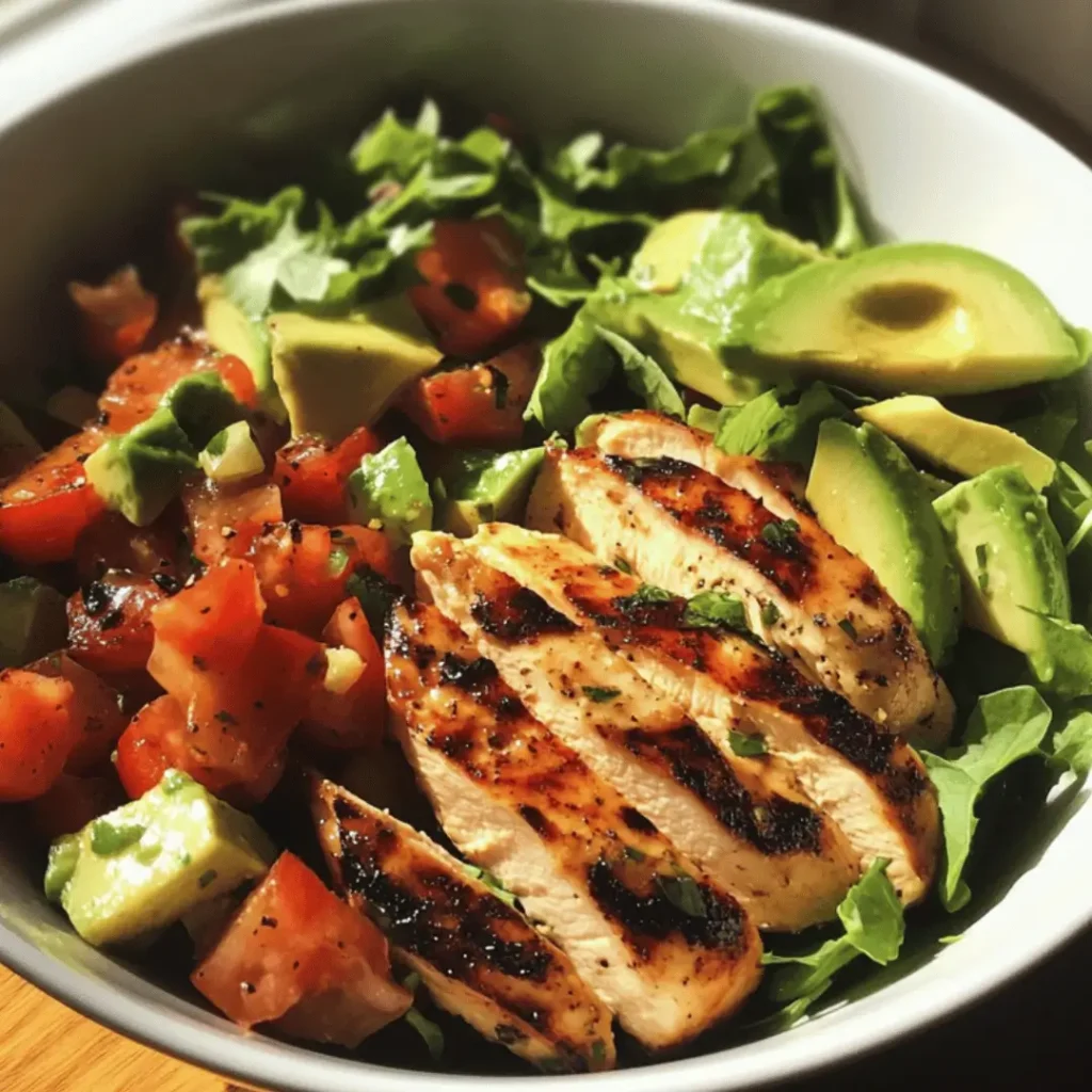 Overhead view of grilled chicken salad with avocado wedges, tomato halves, and leafy greens in a gray bowl by a window