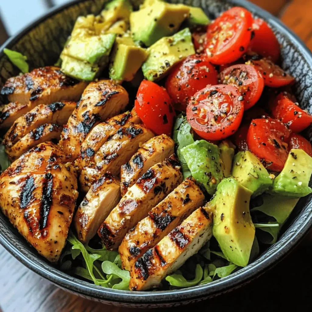 Tight shot of keto grilled chicken strips with diced tomatoes, avocado chunks, and green leaves