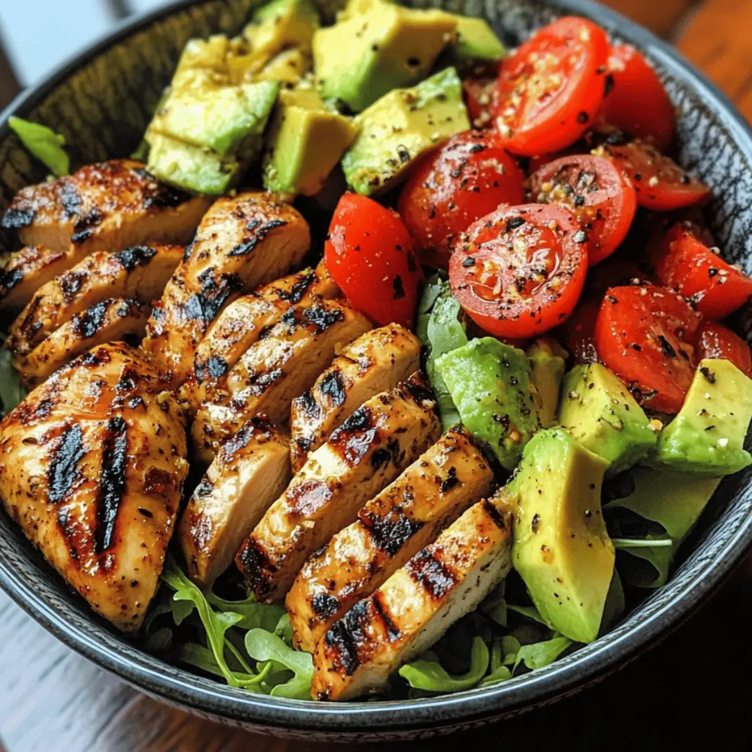 Tight shot of keto grilled chicken strips with diced tomatoes, avocado chunks, and green leaves