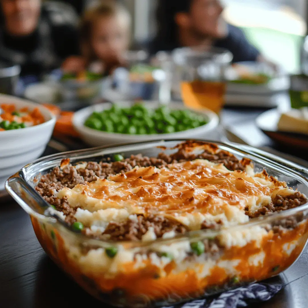 Keto Shepherd’s Pie in a glass baking dish on a table, surrounded by bowls of peas and carrots, embodying a homely, comforting meal setting.