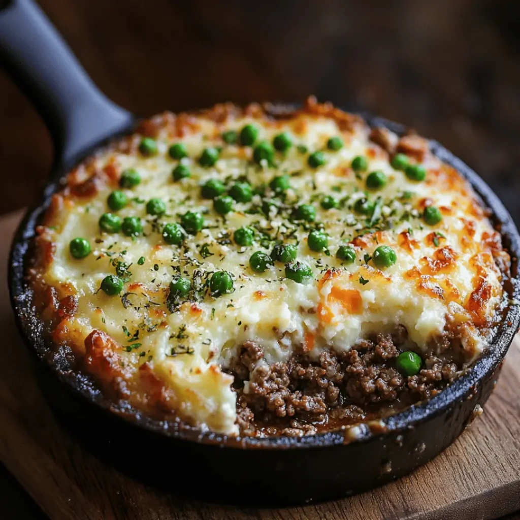 Keto Shepherd’s Pie in a cast iron skillet topped with peas, presenting a rustic and hearty appearance ready to savor.
