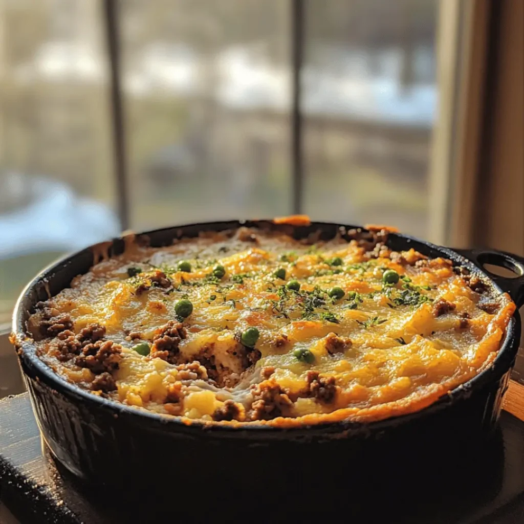 Keto Shepherd’s Pie in a black casserole dish by a window, with a golden, crispy top and vibrant green peas, set against a serene background.