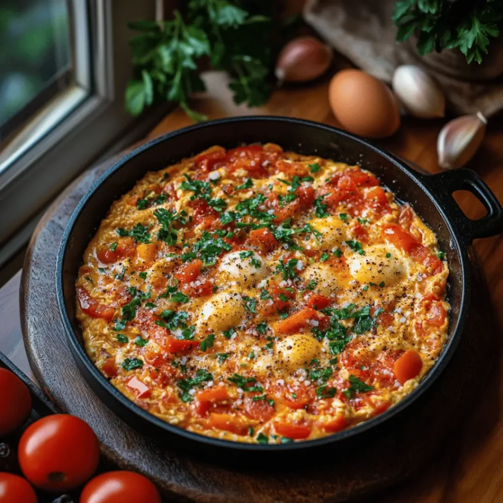 A cast iron skillet filled with Keto Turkish Menemen, featuring simmered tomatoes, bell peppers, eggs, and herbs, on a wooden serving board with fresh ingredients nearby.