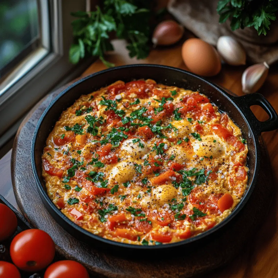 A cast iron skillet filled with Keto Turkish Menemen, featuring simmered tomatoes, bell peppers, eggs, and herbs, on a wooden serving board with fresh ingredients nearby.