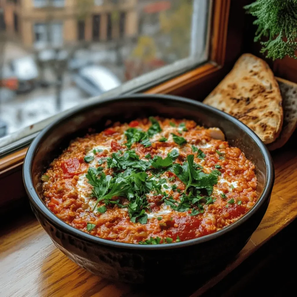 A deep bowl of Keto Turkish Menemen, with rich tomato and egg mixture garnished with fresh parsley, placed on a window ledge with a view of the cityscape and bread slices beside it.