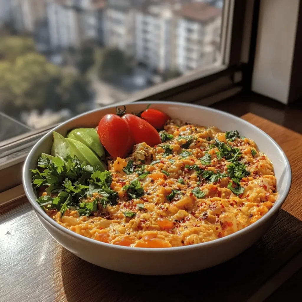 A white bowl containing Keto Turkish Menemen, surrounded by fresh garnish of parsley, tomatoes, and cucumber slices, set against a bright window overlooking urban scenery.