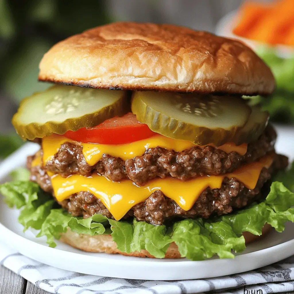 Double cheeseburger with two beef patties, melted cheddar, lettuce, tomato, and pickles on a soft bun