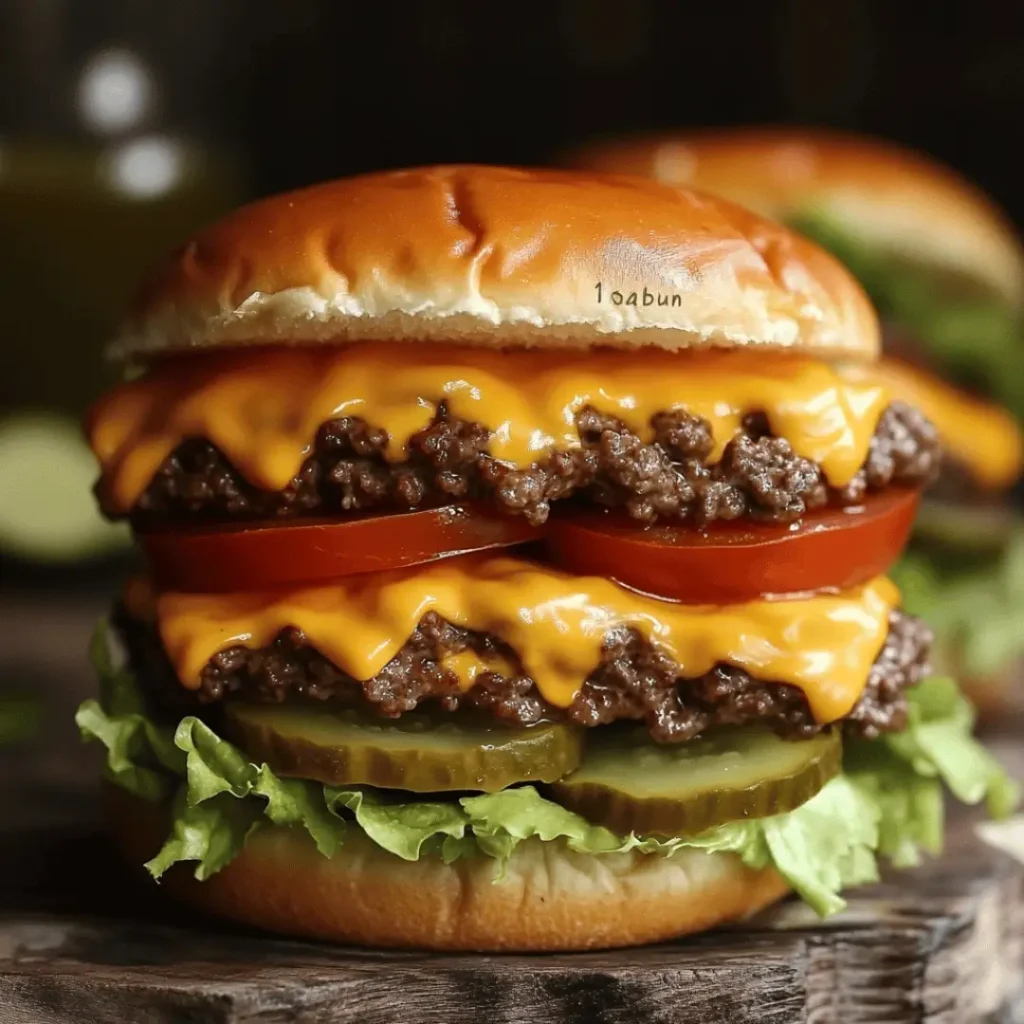 Low-carb double burger on a plate with lettuce, cheese, tomato, and pickles