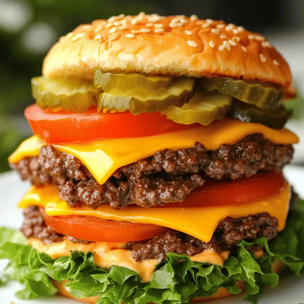 Close-up of keto double cheeseburger with cheese, tomato, pickles, and lettuce