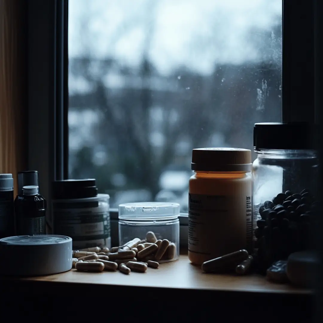 Lactose Free Bodybuilding Supplements positioned on a windowsill, surrounded by a gently illuminated cloudy sky.