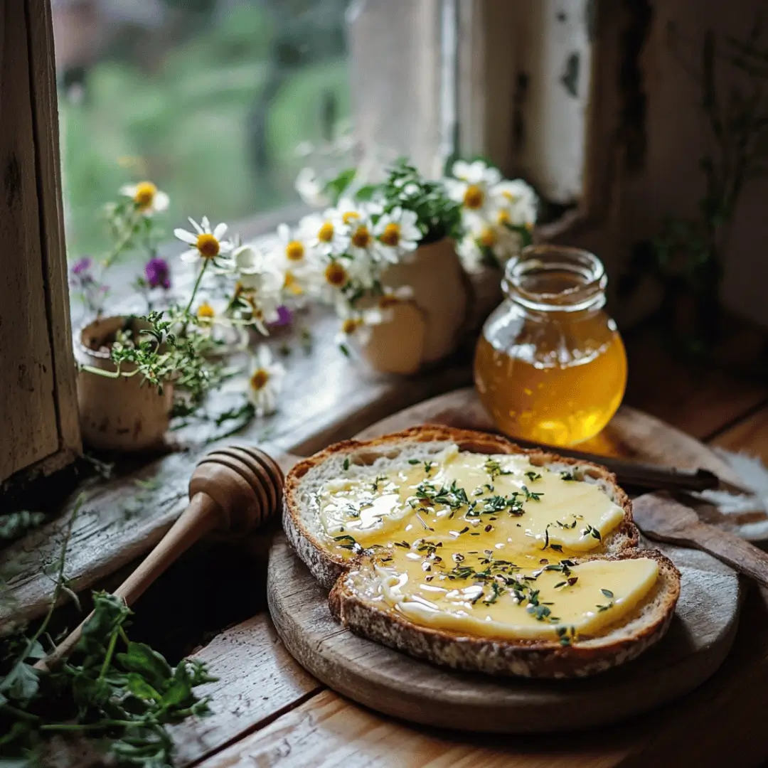 Slices of rustic bread covered with lactose free butter and honey, garnished with fresh herbs; situated near a window with flowers and a jar of honey nearby.
