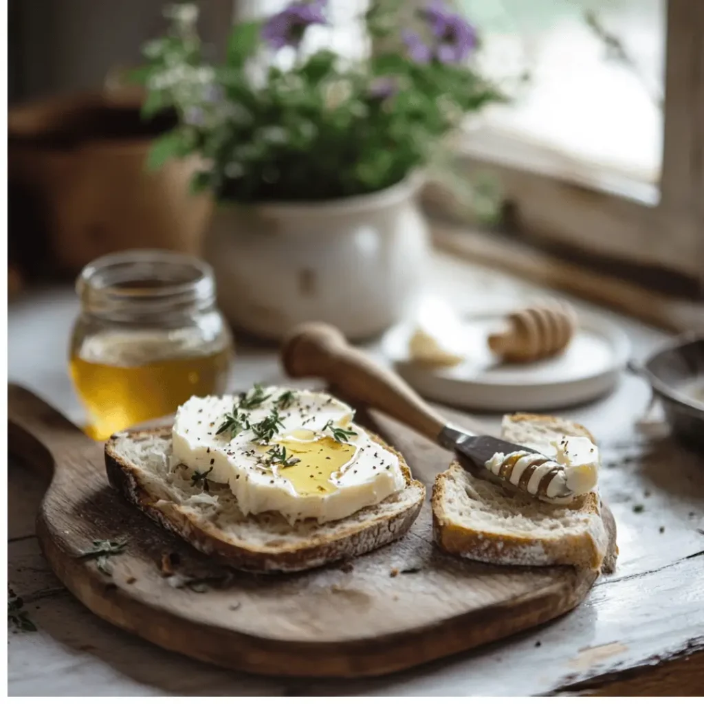 Rustic bread topped with lactose free butter, honey, and herbs on a wooden cutting board; flowers and a honey jar in the background near a sunlit window.