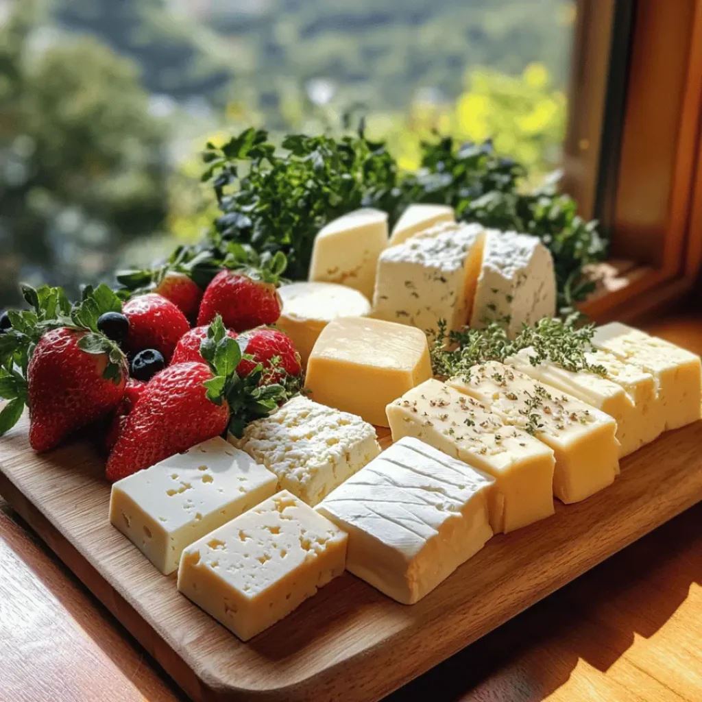 A platter of assorted lactose free cheese accompanied by fresh strawberries and herbs, displayed on a wooden board indoors with a view of lush greenery.